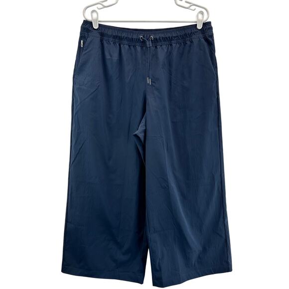 Athleta Midday Mid Rise Crop Poplin Pant Wide Leg Navy Blue Large - Picture 2 of 11